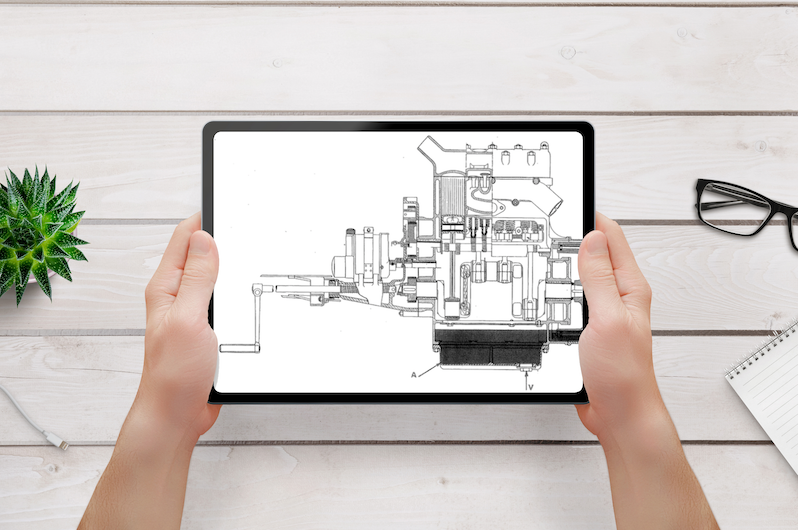 Tablet with engine drawing